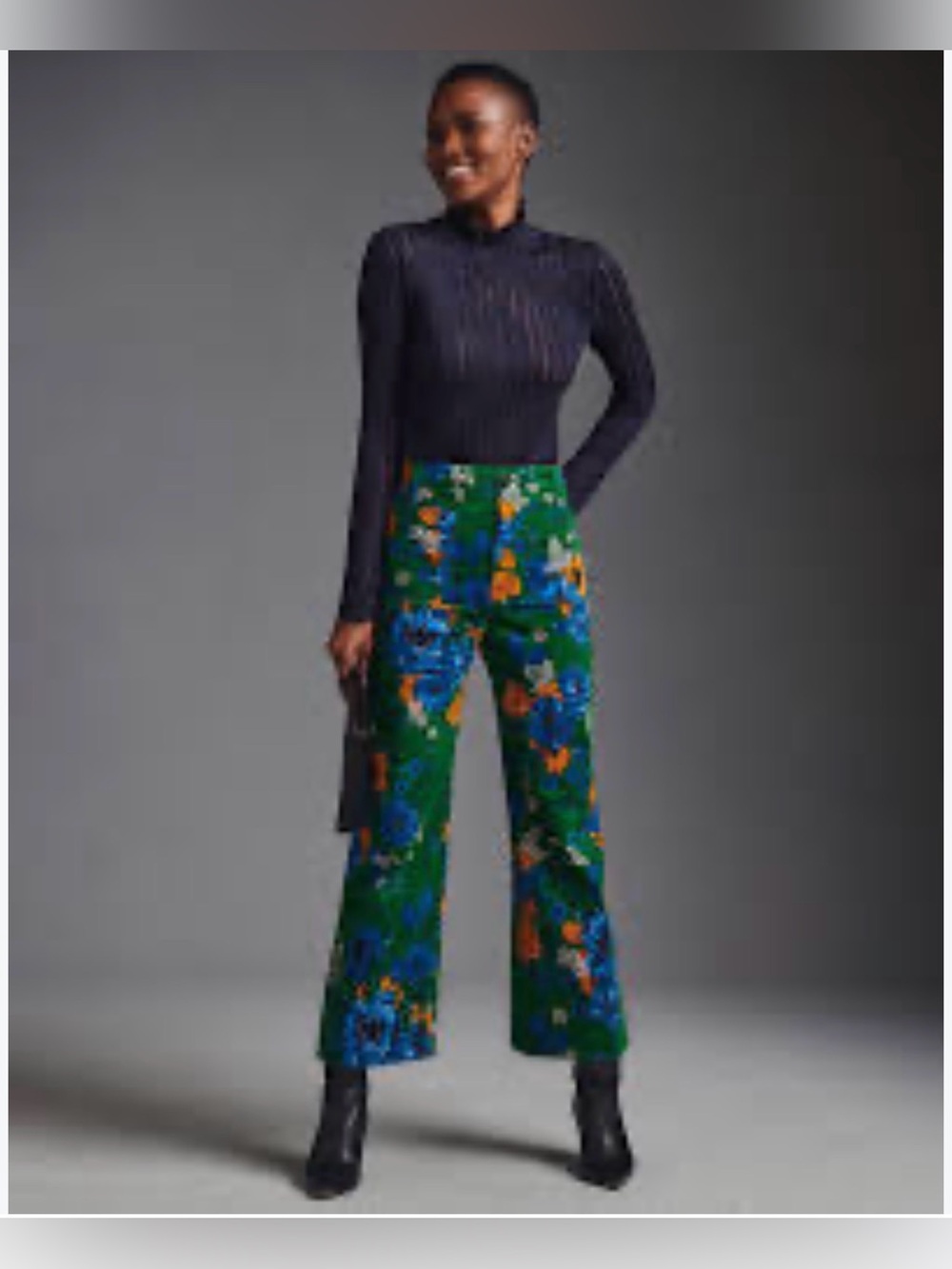 Anthropologie Green Floral Wide-Leg Pants with Blue and Orange Blooms